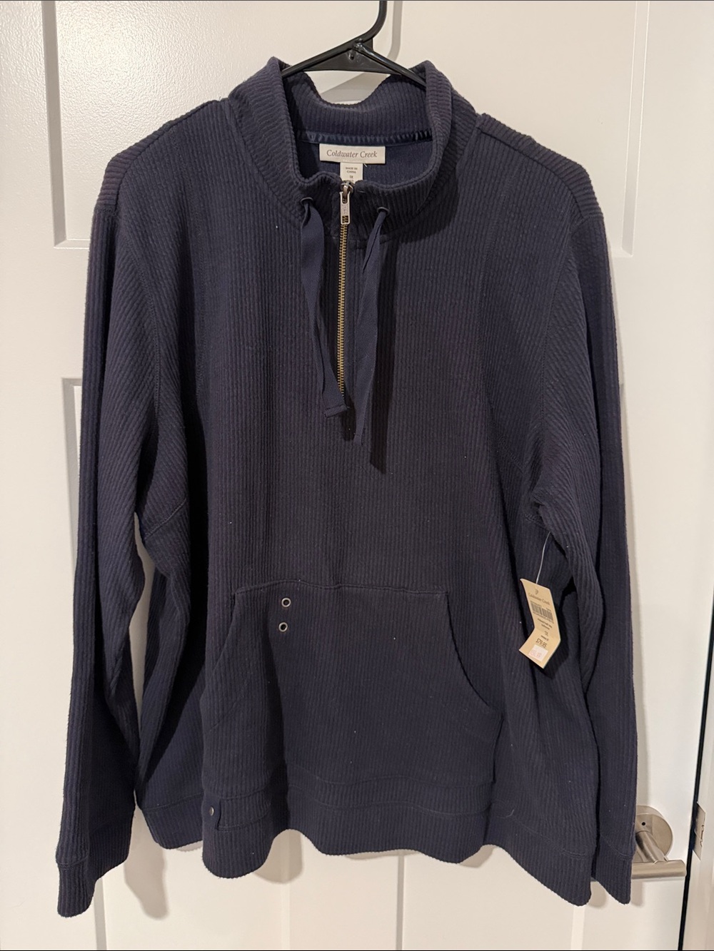 NWT Coldwater Creek Navy Ribbed Half-Zip Pullover with Kangaroo Pocket